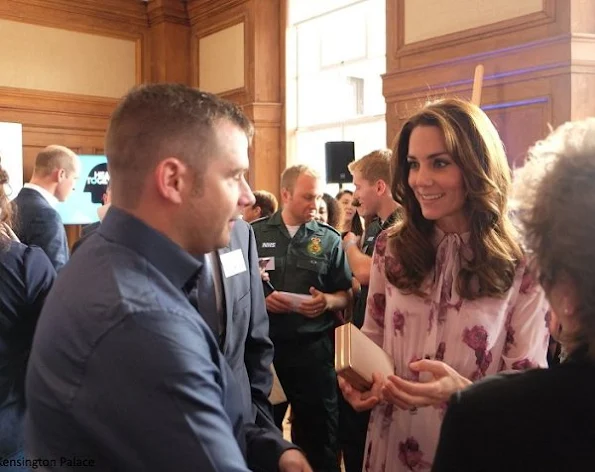 Kate Middleton wore Kate Spade New York Encore Rose Chiffon Dress, Kiki McDonough Morganite Earrings, GIANVITO ROSSI Suede Pumps, LK BENNETT Nina Clutch