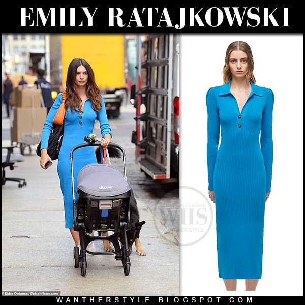 Emily Ratajkowski in blue knit midi dress in NYC on September 15