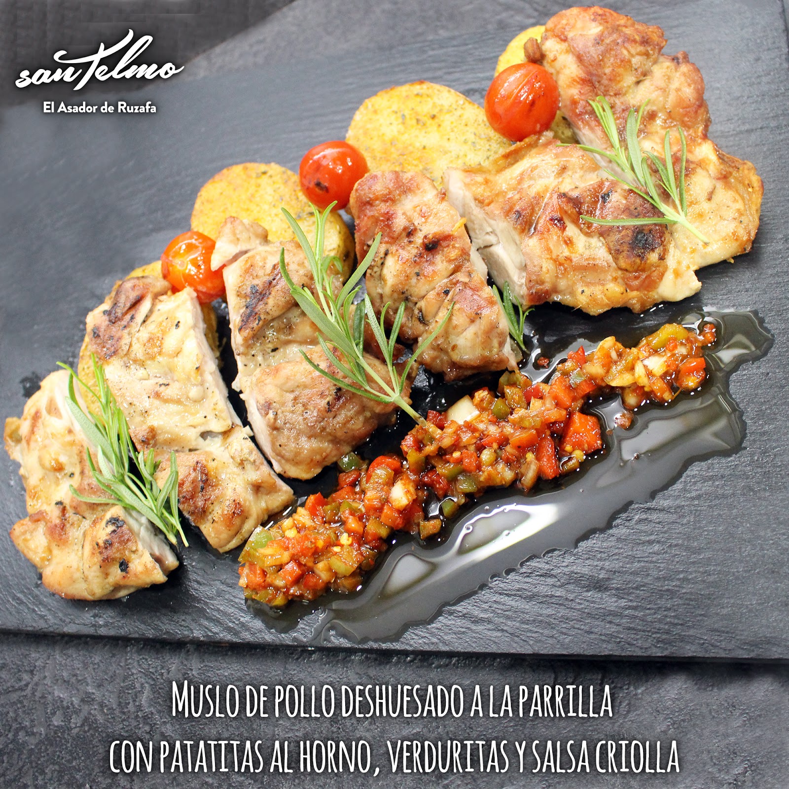 ASADOR SAN TELMO EN VALENCIA MUSLOS DE POLLO DESHUESADO A LA PARRILLA CON VERDURITAS. ASADOR SAN TELMO EN VALENCIA MUSLOS DE POLLO DESHUESADO A LA PARRILLA CON VERDURITAS.