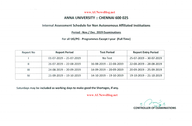 Anna University Academic & Internal Assessment Schedule Nov Dec 2019
