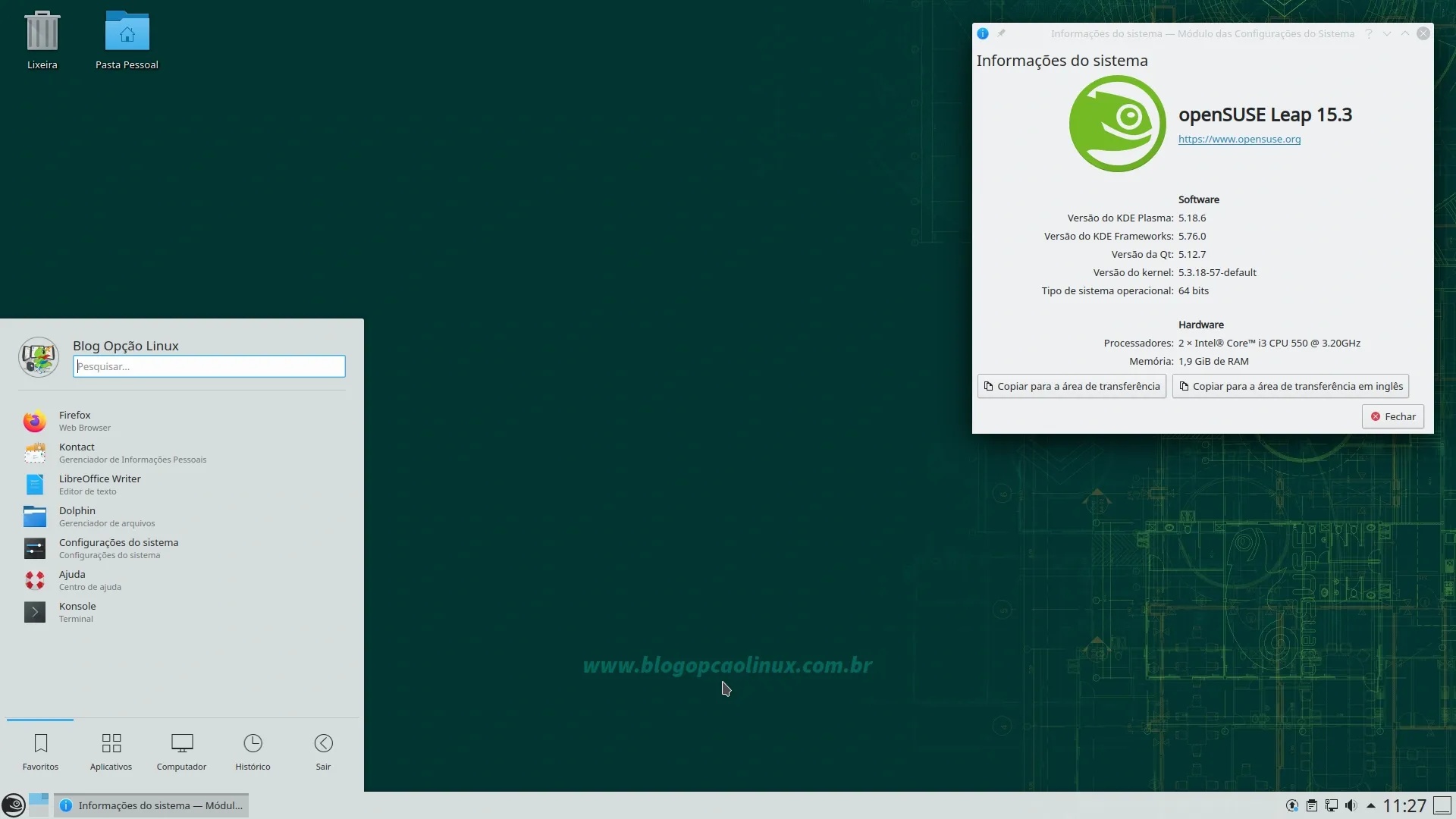 openSUSE Leap 15.3 com o desktop KDE Plasma 5.18.6 LTS