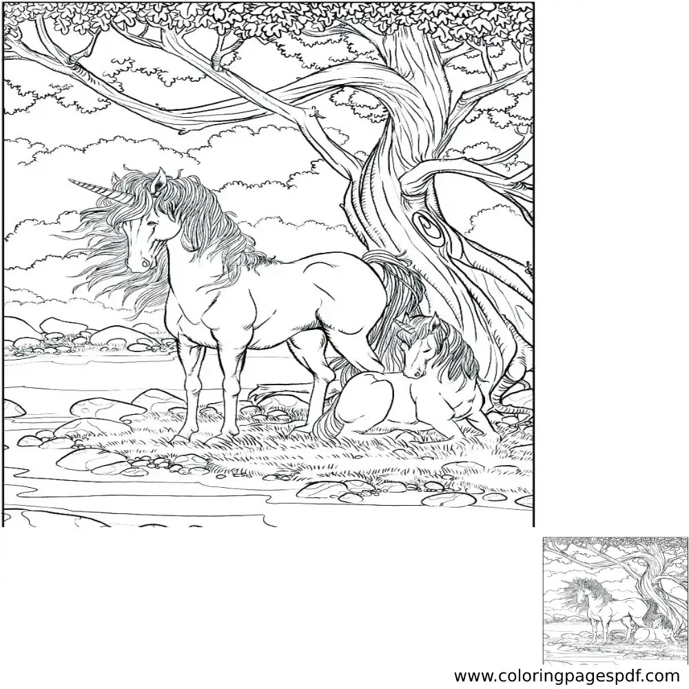 Coloring Page Of A Realistic Unicorn Mother And Baby