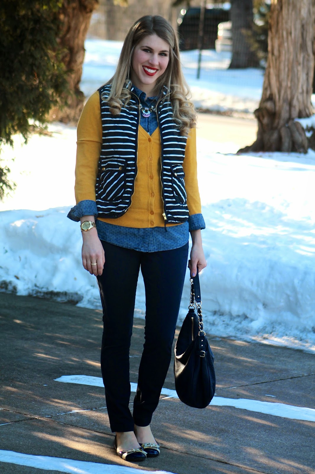Striped Vest and Mustard Cardigan