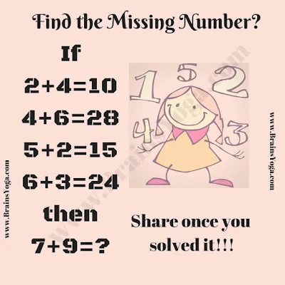 If 2+4=10, 4+6=28, 5+2=15, 6+3=24 Then 7+9=?. Can you solve this Logic Question?