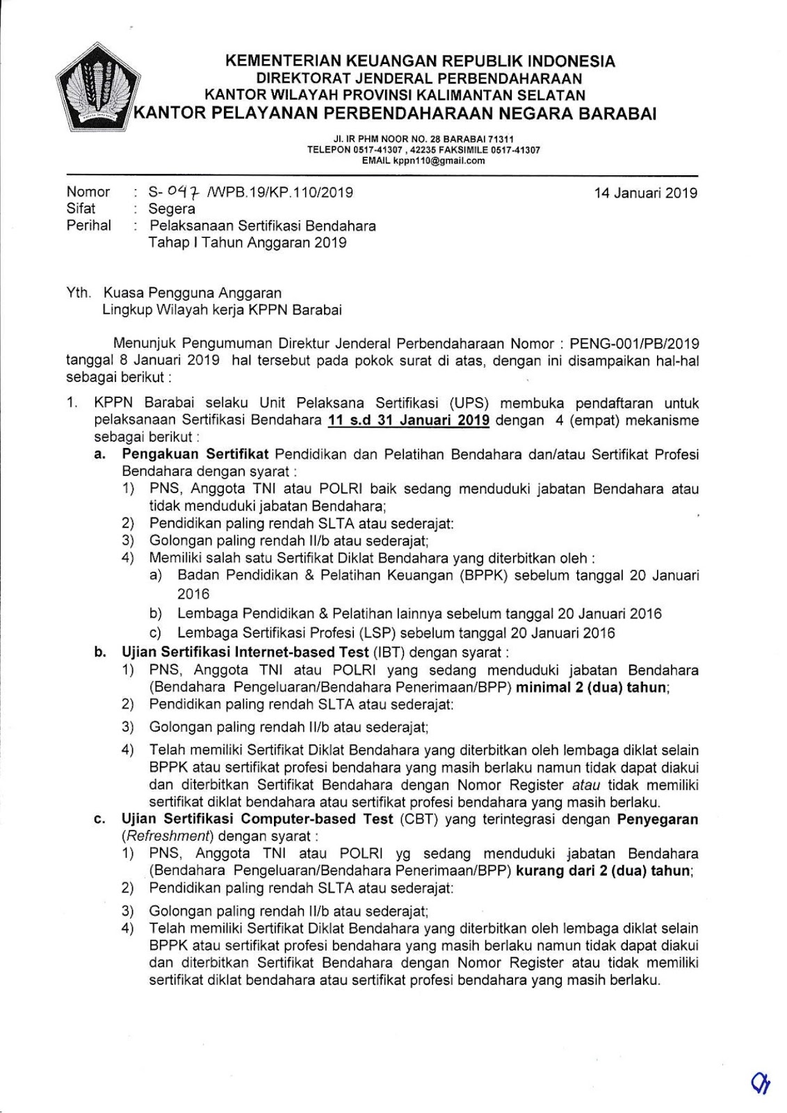 Kppn Barabai Pelaksanaan Sertifikasi Bendahara Tahap I Tahun