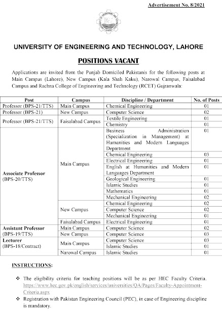 University of Engineering and Technology UET Lahore Jobs 2021