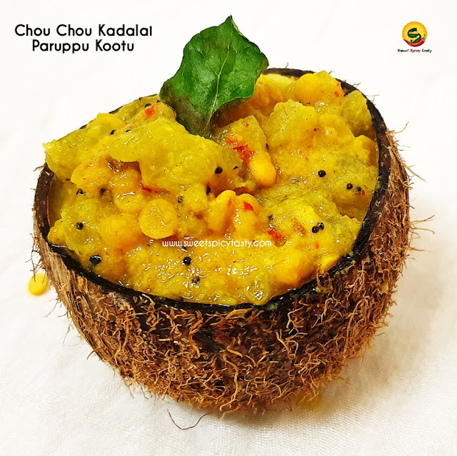 Chow chow kadalai paruppu kootu is protein rich ,mildly spiced and pairs well with sambar rice or chapathi .seeme badnekaai kootu, chow chow kootu , chow chow kadala paruppu kootu,chow chow kadalai paruppu kootu , kadalai paruppu kootu , poosnikai kadalai paruppu kootu , bangalore kathrikaai kootu , Bangalore kathrikaai