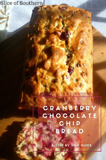 Cranberry Chocolate Chip Bread:  Hot from the oven, and bursting with tart cranberries, and melted decadent chocolate this bread is a wonderful breakfast treat. - Slice of Southern