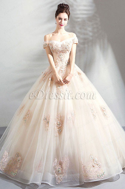 off the shoulder beige wedding ball gown