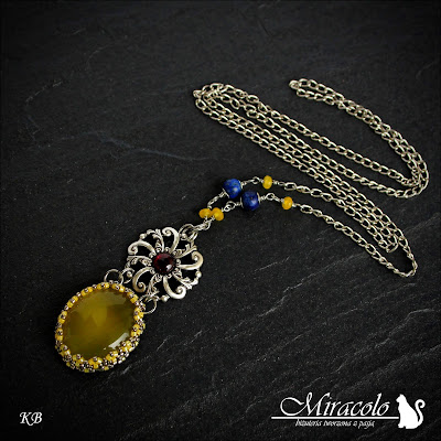 Miracolo, onyks żółty, granat, filigran, sodalit, jadeit żółty, jellow onyx pendant