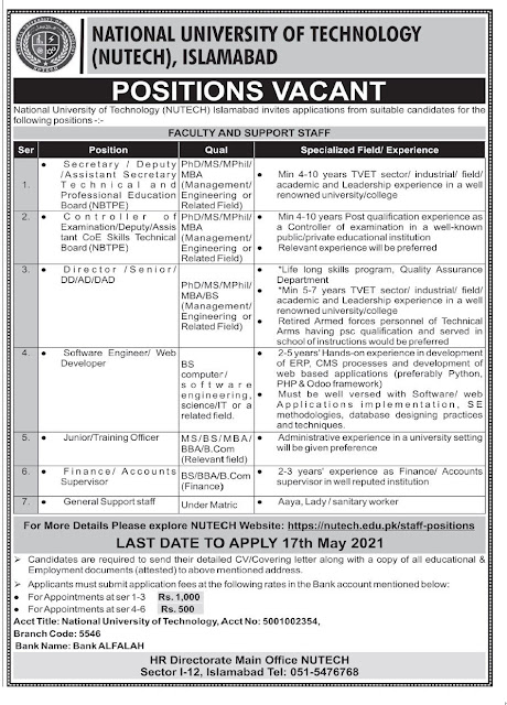 Latest Govt Vacancies in NUTECH (National University of Technology) || in Islamabad, Pakistan 2021
