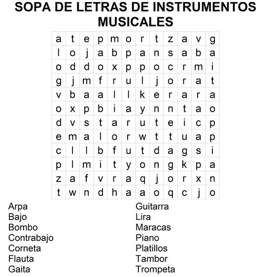 Sopa de letras de Instrumentos Musicales para imprimir