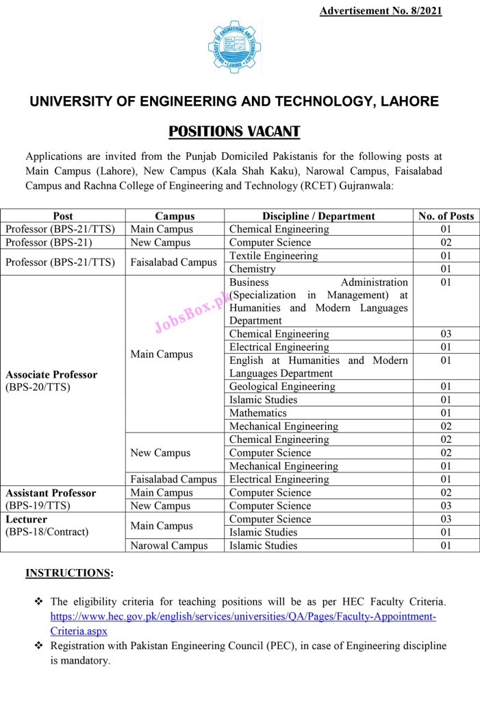 www.jobs.uet.edu.pk - UET University of Engineering and Technology Jobs 2021 in Pakistan