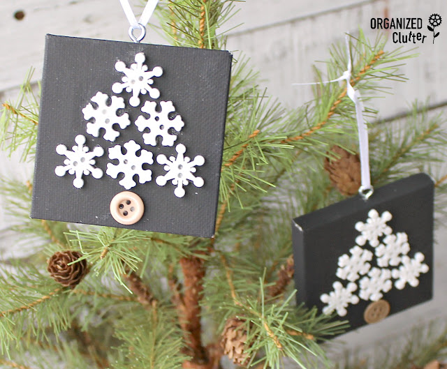 Snowflake Button & Mini Canvas Christmas Tree Ornaments #semihomemadeornaments #buttons #snowflakes #crafting #DIYChristmas #ornaments