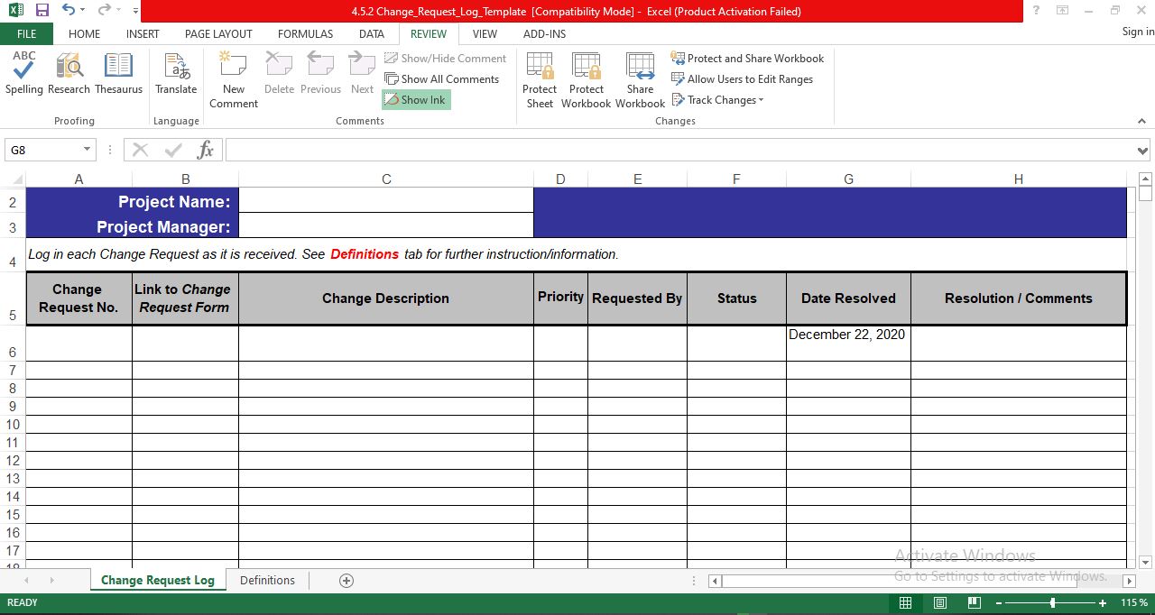 Change request log template