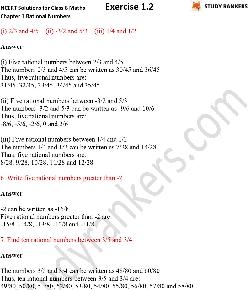 NCERT Solutions for Class 8 Maths Chapter 1 Rational Numbers Exercise 1.2 Part 2