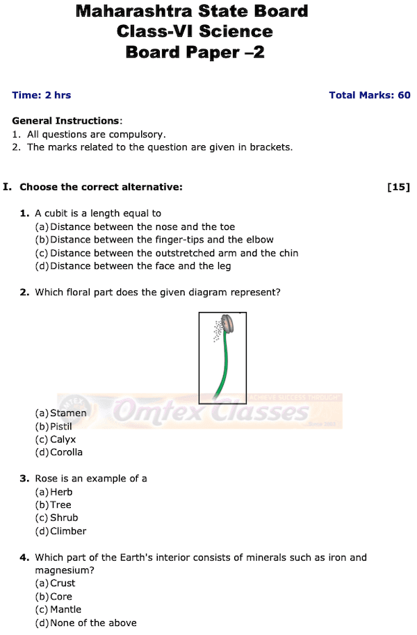 OMTEX CLASSES Class 6 Science Board Question Papers Board Question Paper