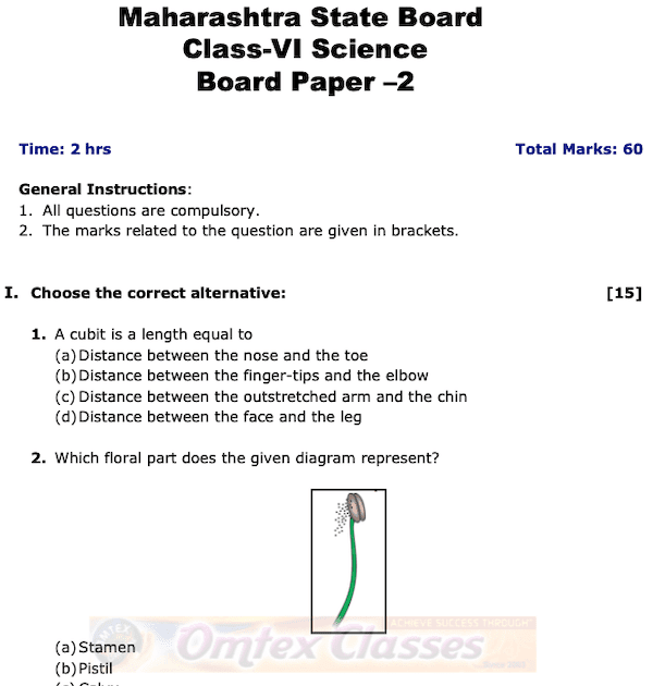 OMTEX CLASSES Class 6 Science Board Question Papers Board Question Paper