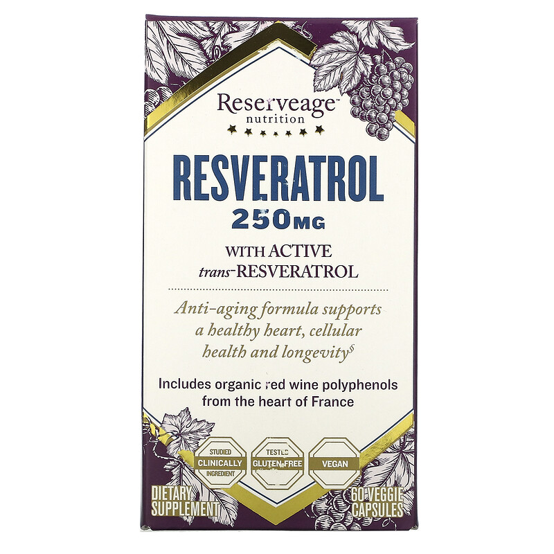 ReserveAge Nutrition, Resveratrol, действующая на клеточном уровне формула против старения, 250 мг, 60 растительных капсул