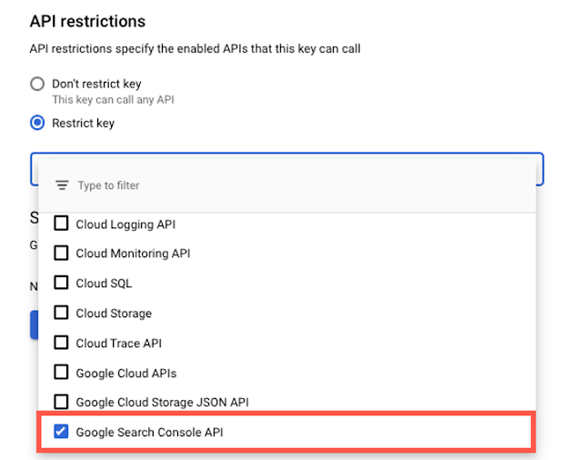 Google Search Console API restrictions setting