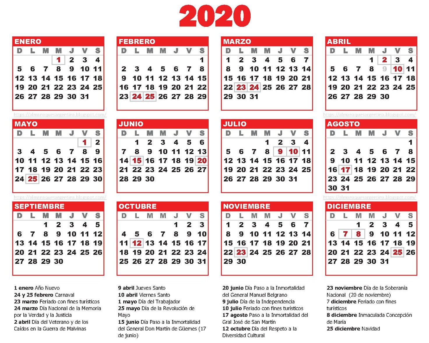Descarga el calendario 2020 de Arizmendi para imprimir