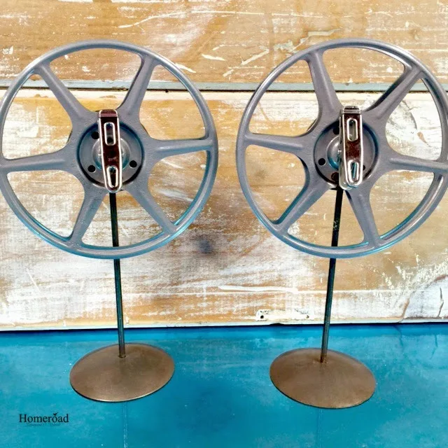 Old film reels become photo displays for vintage photos. www.homeroad.net