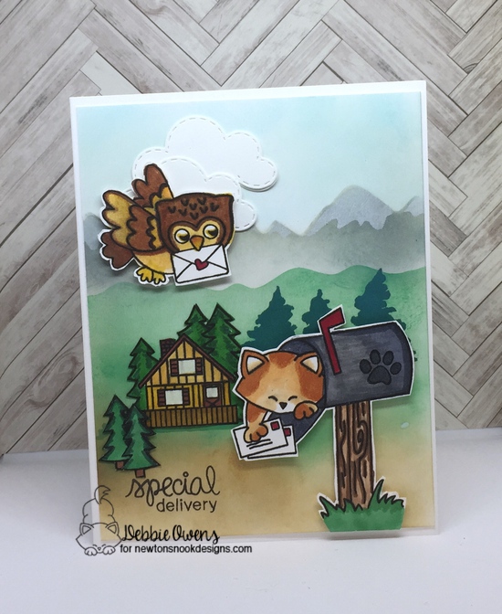 Special Delivery by Debbie features Mountains, Whispering Pines, Winston's Lake House, Snow Globe Scenes, Newton's Happy Mail, Love Owls, and Sky Scene Builder by Newton's Nook Designs; #newtonsnook