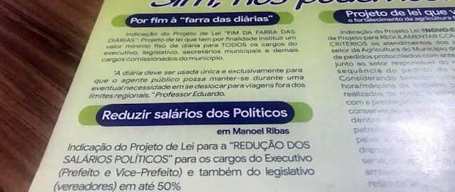 Manoel Ribas: Em panfleto distribuído na cidade, candidato fala em “fim da farra das diárias”