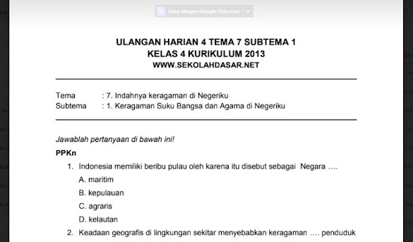 Soal Ulangan Harian K13 Kelas 4 Tema 7 Subtema 1