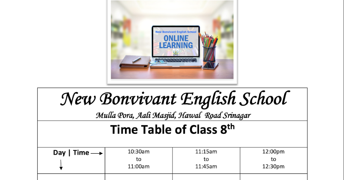 Online Timetable for classes 8th, 9th and 10th New Bonvivant English