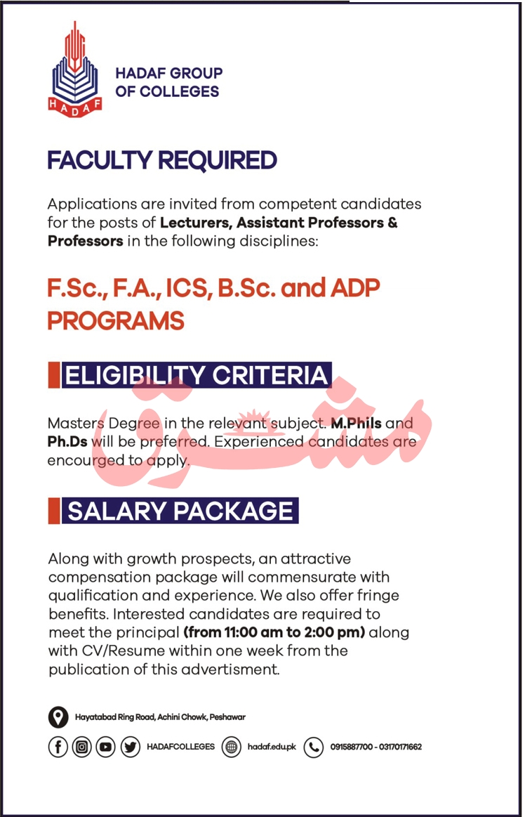 Hadaf Group of Colleges Faculty Jobs September 2020