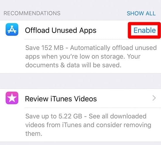 How to enable offload unused apps on iPhone 13?