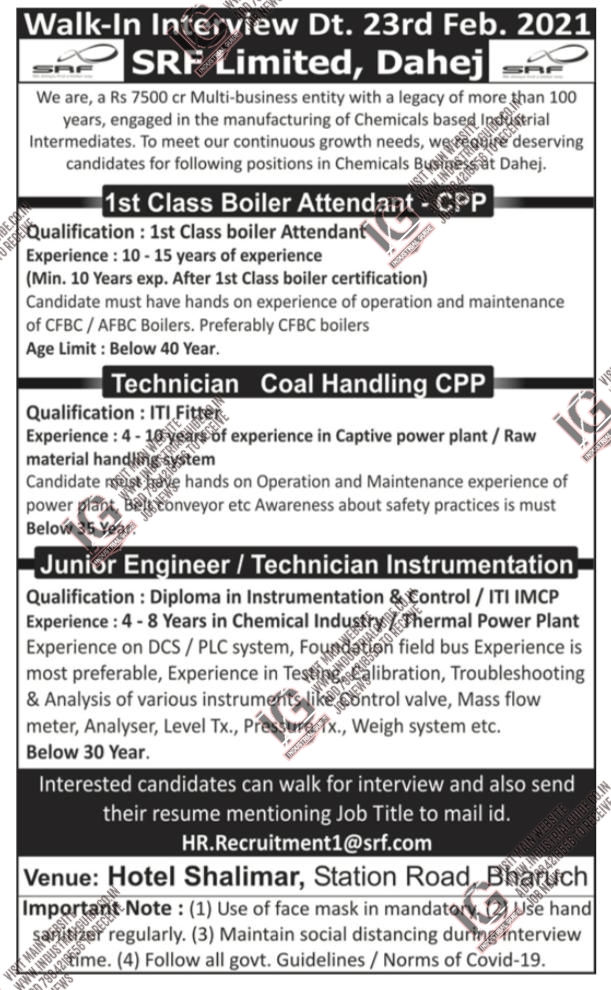 SRF Limited Dahej interview in 2021 February 23rd for Boiler Operator