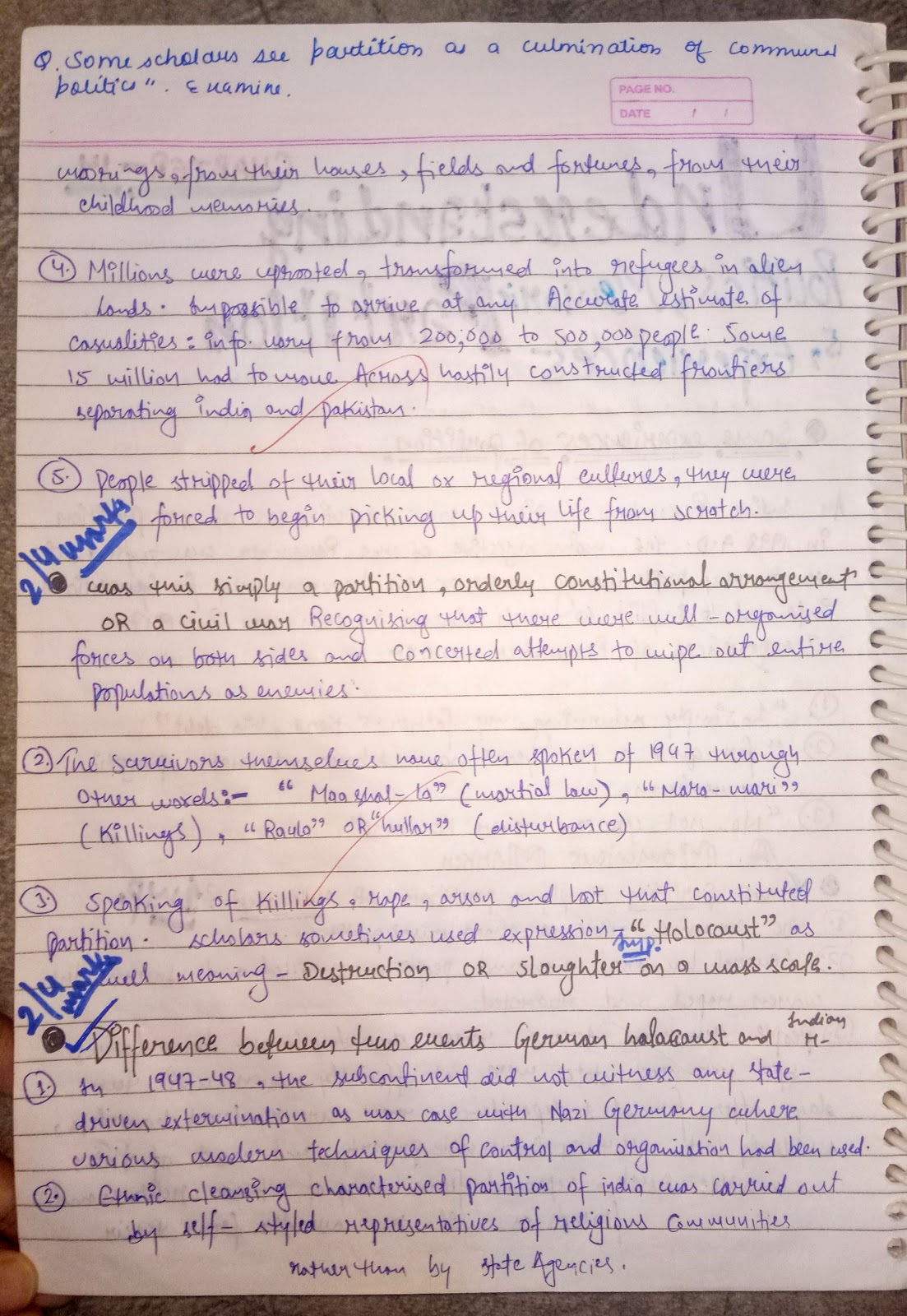 Handwritten Notes of UNDERSTANDING PARTITION History Class 12th