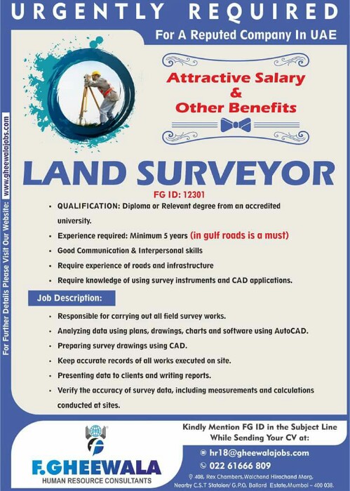 Gulf Jobs - Land Surveyor for UAE | F. Gheewala Human Resource Consultants 