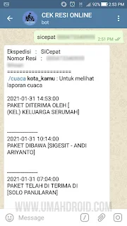 Hasil Lacak Resi Lewat Telegram