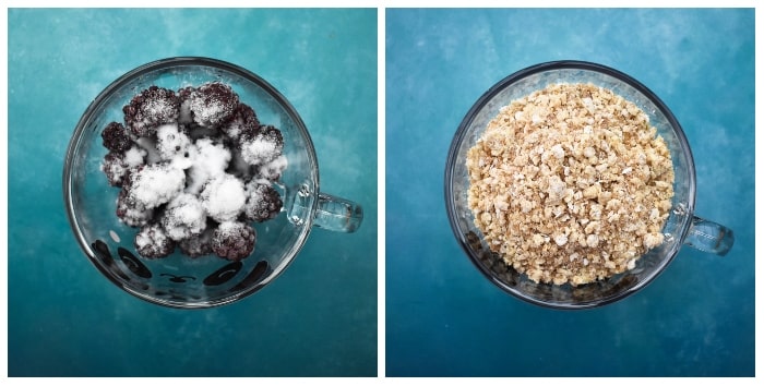 Membuat microwave blackberry crumble - langkah 4 Membuat Penghancur Blackberry Blackberry - Langkah 4 (Tambahkan Gula ke Beri dan Taburan Penghancur)