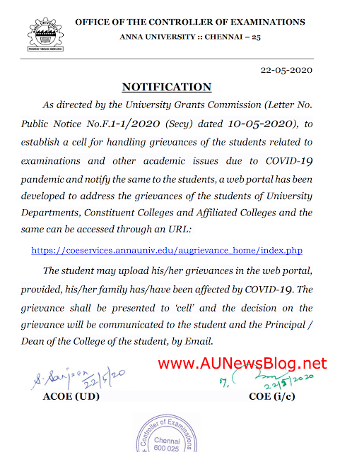 Anna University created new portal (OGRS) to clear students doubts or complaints regards Covid-19