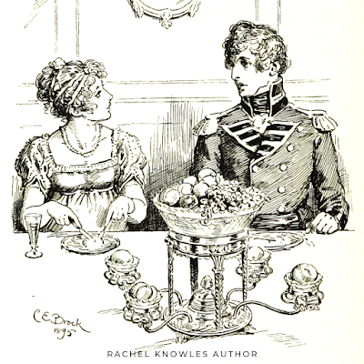 Elizabeth Bennet and Mr Wickham at dinner Pride and Prejudice by Jane Austen (1813) Illustration by C E Brock (1895) Elizabeth Bennet and Mr Wickham at dinner Pride and Prejudice by Jane Austen (1813) Illustration by C E Brock (1895)