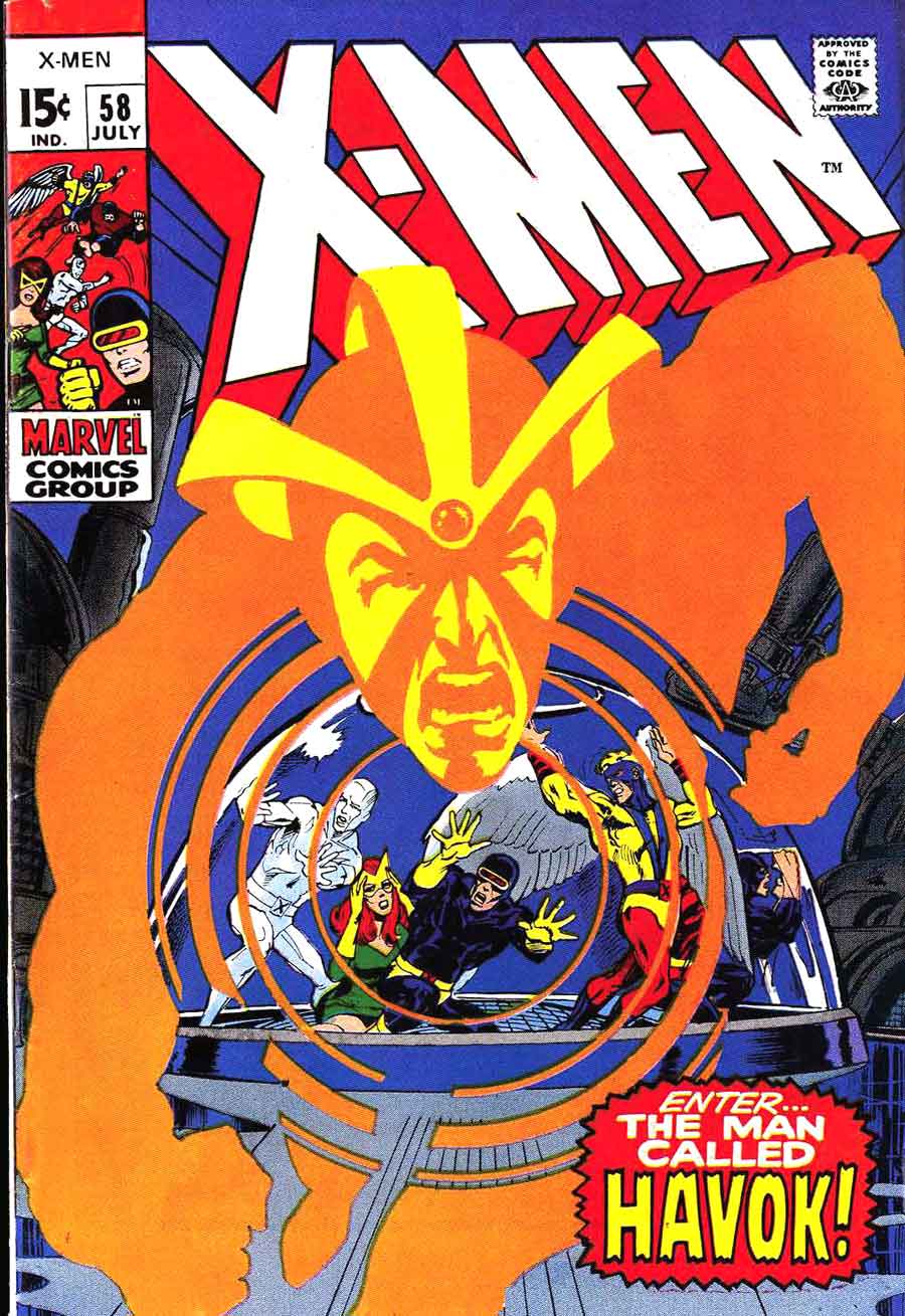 X-men #58 cover art by Neal Adams / silver age 1960s marvel comic book / Havok