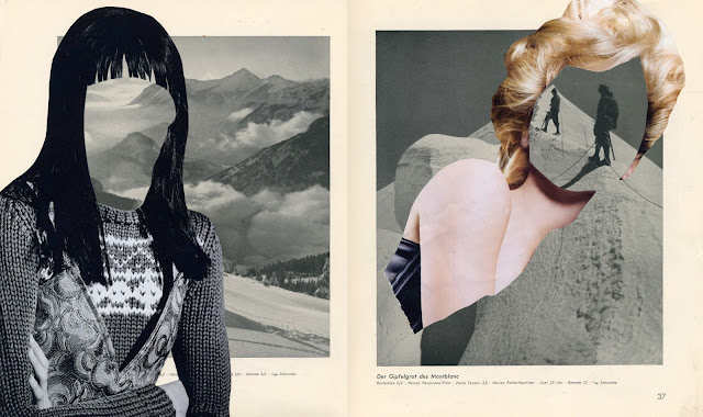 Collage of mountains and women from vintage book