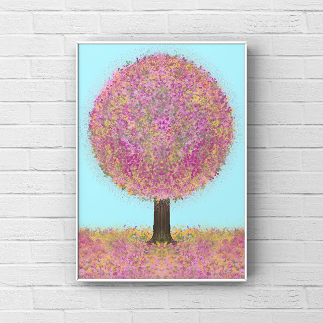 Happy Summer by Mark Taylor happy Summer artwork depicting a tree with pink and yellow leaves