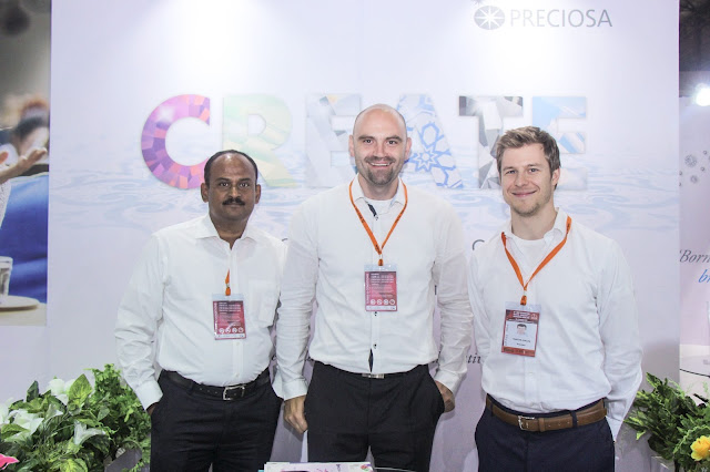 Mr. Venkatesan Sundarrajon, Consultant, Marek Kinazs, Product Manager with Martin Spalek, Key Account Manager- at Preciosa Stall, IIFJAS Exhibition, Mumbai Mr. Venkatesan Sundarrajon, Consultant, Marek Kinazs, Product Manager with Martin Spalek, Key Account Manager- at Preciosa Stall, IIFJAS Exhibition, Mumbai