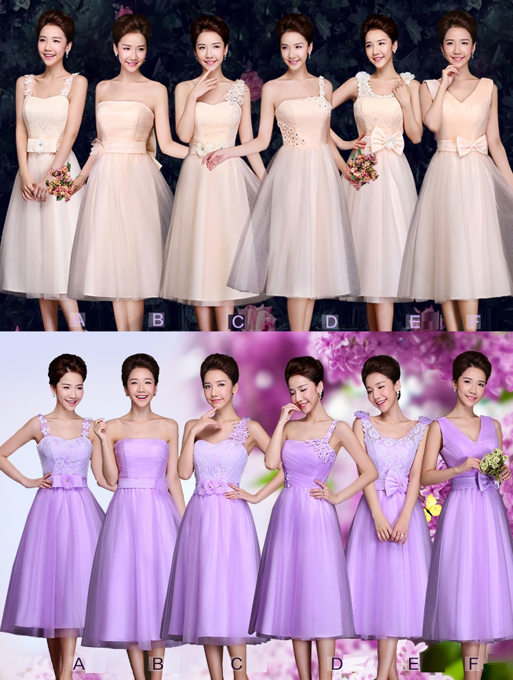 6-Color Beige/Purple Tutu Floral Lace Past Knee Length Bridesmaid Dresses