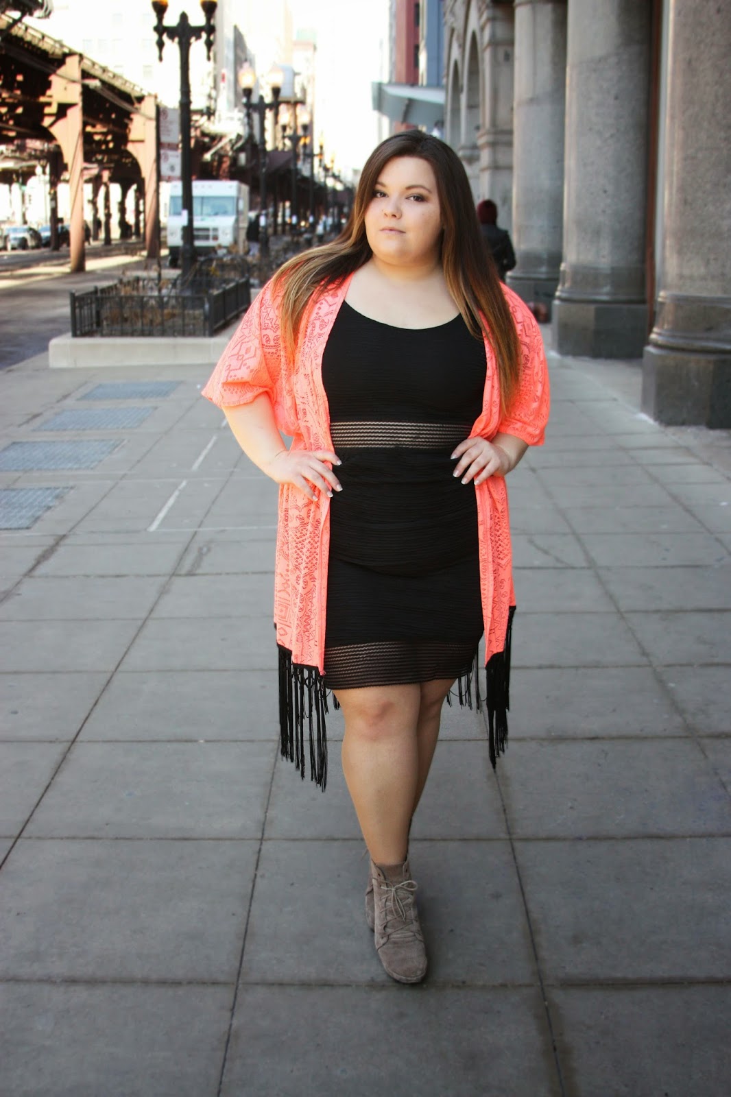 BRIGHT COLORED kimono, Charlotte Russe, Charlotte Russe plus size clothing line, Chicago, LITTLE BLACK DRESS, maxi skirt, Natalie Craig, natalie in the city, plus size, plus size fashion blogger, chicago, kimono, fringe, ankle boots, booties, see-through, fatshion, curvy women, bbw, summer bright color