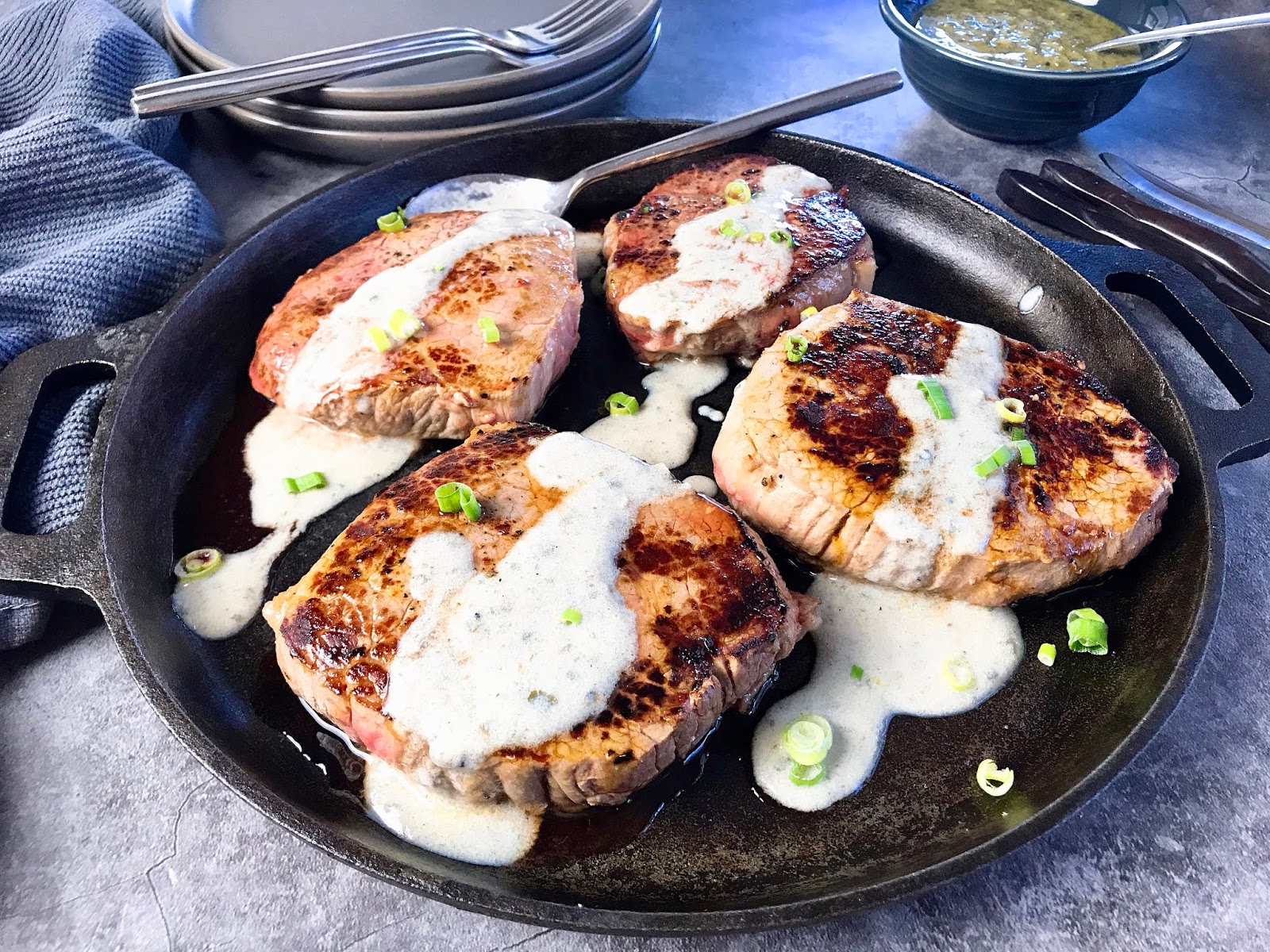 Seared Steaks with Creamy Pesto Sauce
