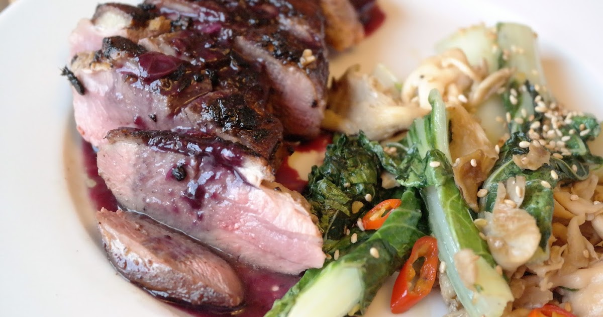 FiveSpice Duck Breast with Blueberry Pan Reduction and StirFry Bok Choy