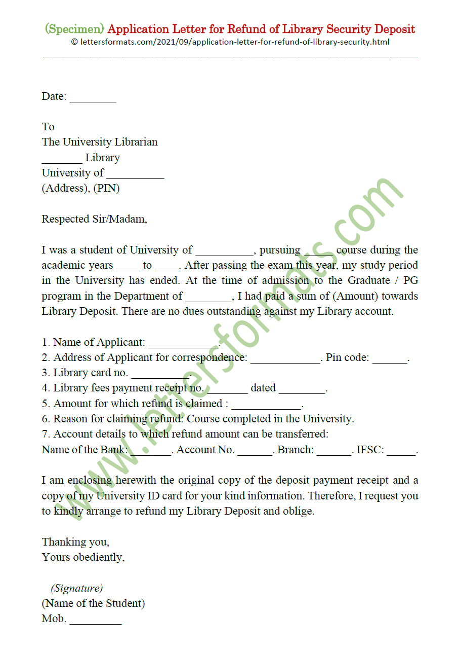 application letter for library refund