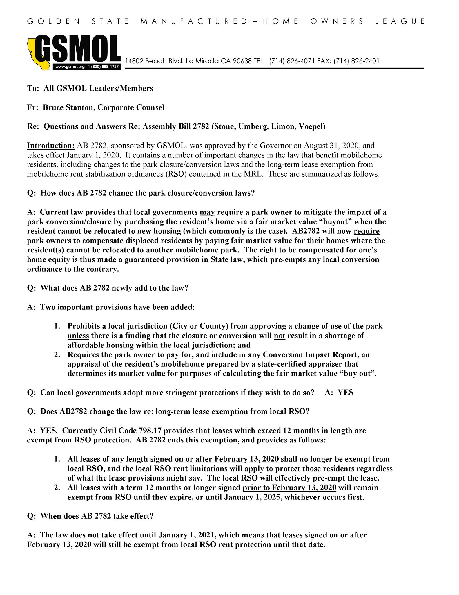 Vallejo Mobilehome Coalition Questions and Answers Re Assembly Bill 2782