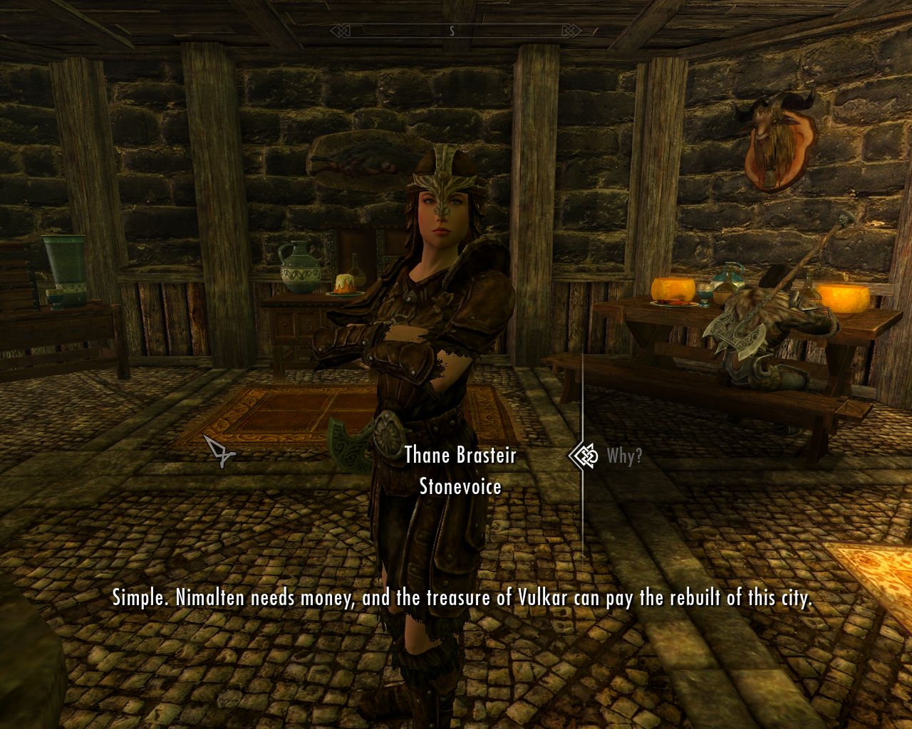 woman in a somewhat revealing armor stands arms crossed, talks to the protagonist